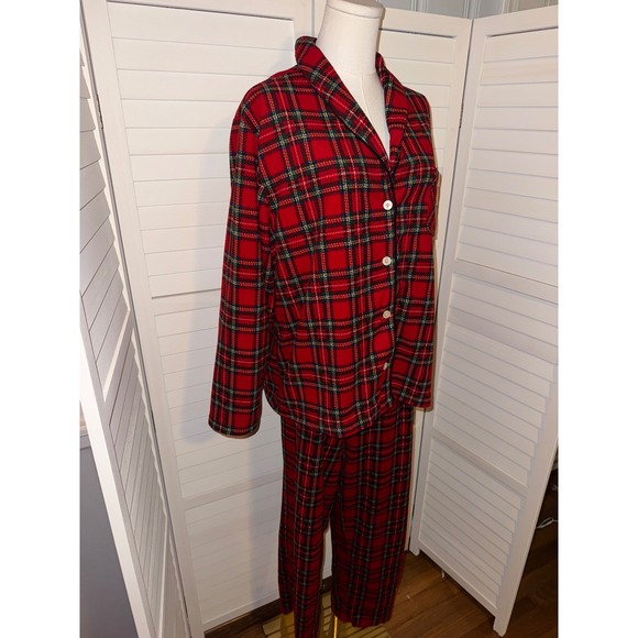 Lauren Ralph Lauren Red Plaid Fleece Pajama Set Women's XL Button Down Top Pants - Picture 3 of 10